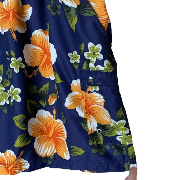 Sand N Sun Swim Trunks Hawaiian Floral Print Navy Blue Orange Lined Pockets 2XL - Picture 3 of 9